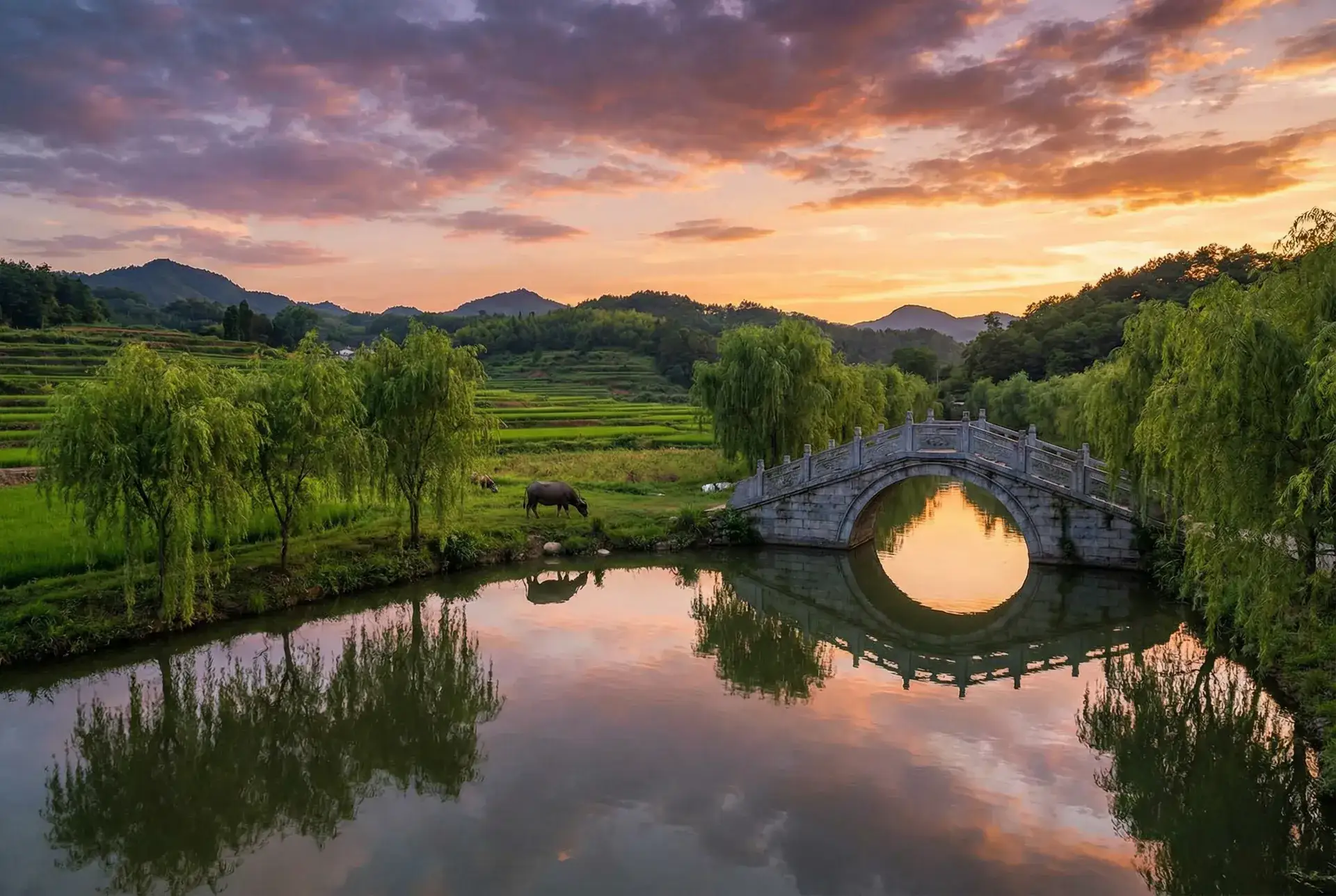 夕阳下的石拱桥与垂柳，水牛在河边吃草 - 亲爱的老师5高清电影 乡村美景